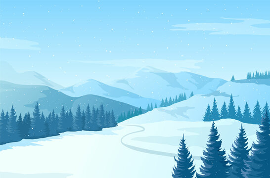 Winter landscape with snowy mountains and pine trees. Vector illustration. Blue Christmas horizontal background. Vector drawing of beautiful winter morning mountains.