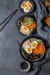 Miso ramen with mushrooms, carrots, zucchini and eggs on a dark background,top view,copy spase