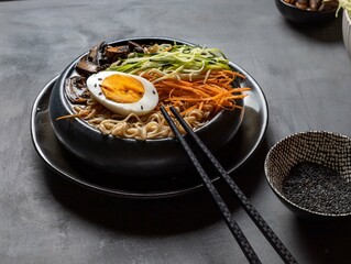 Miso ramen with mushrooms, carrots, zucchini and eggs on a dark background