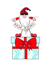 A cute Christmas gnome stands on a gift with a bow, he holds a garland with the inscription New Year in his hands. Stock vector illustration isolated on a white background drawn in cartoon.