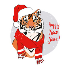 New Year card with a tiger in a New Years hat