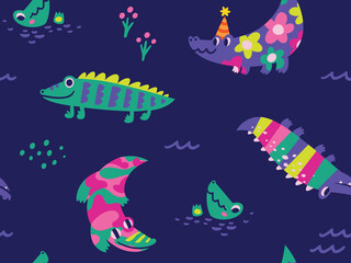 Fototapeta na wymiar Seamless childish pattern with cute crocodiles