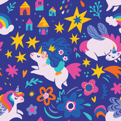 Blue seamless vector pattern with cute unicorns, stars, houses and princess in the sky.