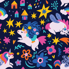 Obraz premium Hand drawn seamless vector pattern with cute unicorns, stars, houses and princess in the sky.