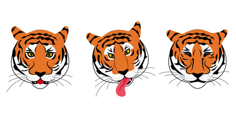 The face of a tiger. A set of tigers with different types of emotion: sad, angry, brooding, cute, affectionate. Flat style Vector Illustration.