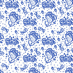 Car wash background. The substrate is the cleaning of transport. Background for the truck washing service in doodle. Vector linear background for car wash textiles. Vector illustration
