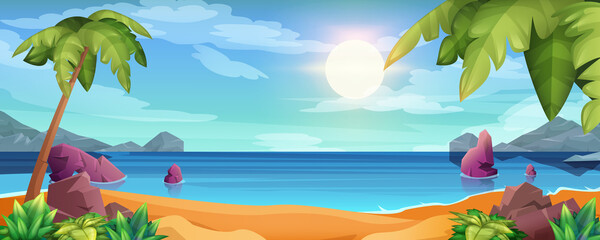 Cartoon sea landscape with ocean beach, seaside stones and sun. Summer tropical island with palm trees and clouds in blue sky. Seascape with rocks sticking up of water surface and sand in coastline.