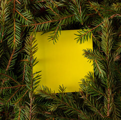 a yellow sticker is placed inside the branches of the Christmas tree. space for text. top view.