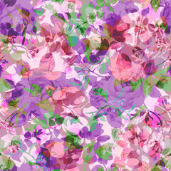 Blooming multicolored floral seamless pattern. Purple silhouettes of garden flowers and branches. Summer spring botanical ornament for clothing textiles and designs