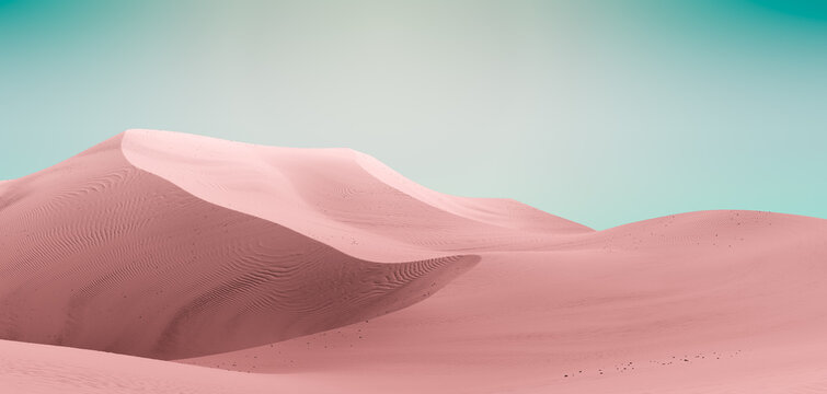 Pale pink dunes and dark teal sky. Desert dunes landscape with contrast skies. Minimal abstract background. 3d rendering