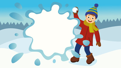 Funny christmas web banner, copy space, vector illustration. Winter games, child plays with snowballs. Winter landscape. Advertising and sale banner.