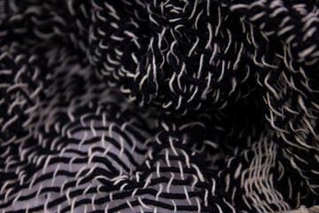 Black and White Handicraft Clothes on White Background .
Close up Detail of Hand Woven Cotton Scarf ,
Design texture and Pattern by Artisans in Northern Villages of Thailand