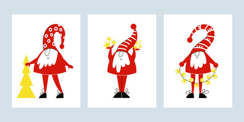 Merry Christmas and Happy New Year Set of backgrounds, greeting cards, posters, holiday covers. Gnome or Cute Dwarf in simple scandinavian nordic style. Noel or Elf flat vector cartoon illustration