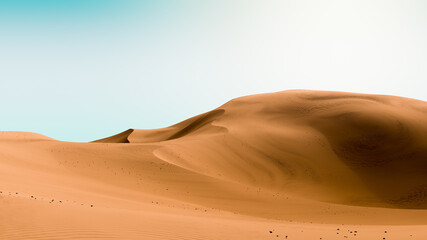 Fototapeta na wymiar Blue sky and orange dunes. Desert dunes landscape with contrast skies. Minimal abstract background. 3d rendering