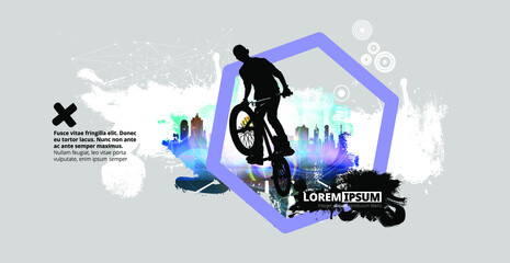 Fototapeta na wymiar Active young man doing tricks on a bicycle, extreme sport concept. Sport background ready for poster or banner, vector