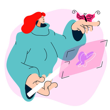 A girl of irregular shape in colorful clothes draws a butterfly on her tablet with a stylus, which sits on her hand. Vector illustration for animation.