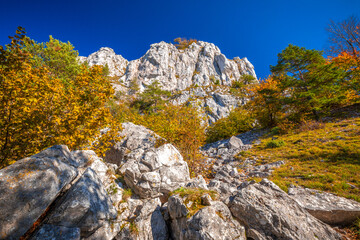 Autumn landscape with the Vapec hill in The Strazov Mountains in northwestern Slovakia, Europe.