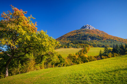 Autumn landscape with the Vapec hill in The Strazov Mountains in northwestern Slovakia, Europe.