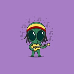 cute cartoon alien playing guitar in reggae style. vector illustration for mascot logo or sticker