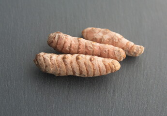 Curcuma, turmeric, Curcuma longa - perennial herbaceous plant, medicinal use,  food seasoning rhizome, on grey background
