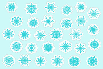 A set of stickers with snowflakes. Cartoon vector graphics isolated on white background.