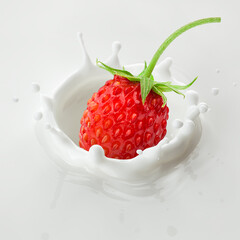 wild Strawberry falls into milk, yoghurt, sour cream, Splash