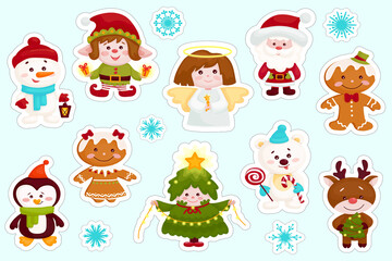 Obraz na płótnie Canvas A set of stickers with cute Christmas characters. Cartoon vector graphics isolated on white background.
