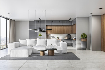 Modern concrete and wooden kitchen studio interior with window and city view, daylight, furniture and white couch. Design, home and apartment concept. 3D Rendering.
