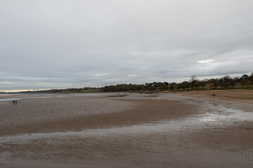 View in autumn at low tide on Cramond Beach, Edinburgh, Scotland