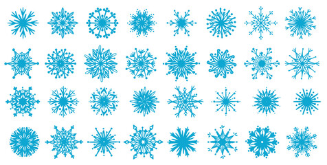 Big set of different snowflake icons. Isolated vector graphics on a white background.