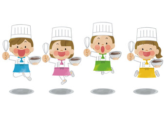 パティシエの格好でジャンプする子供たち 水彩