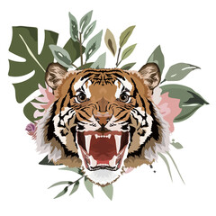 Vector illustration of a tiger head on a background of flowers. Symbol of the new 2022