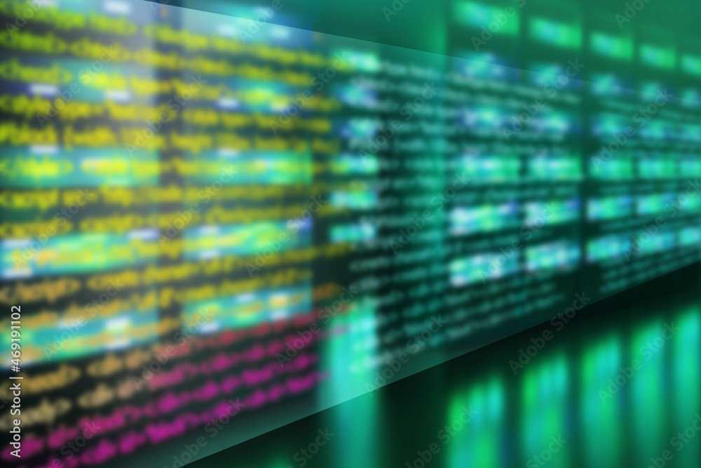 Poster server background. green cyber background with blurred code. it wallpaper with server racks. it text