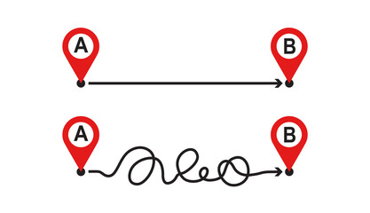Plan B vector icon, route concept, way from point A to B on map, straight and difficult path, challenge icon. Planning and reality illustration