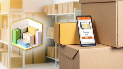Storage Unit rental app. Search for free storage unit. Warehouse mobile app. Smartphone with Storage apps on boxes. Application for renting warehouse. Warehouse website on phone. Selective blurred