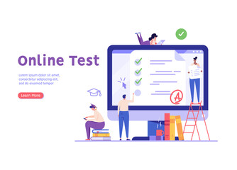 People taking university exam remotely and temporarily. Students writing test. Concept of online exam, online survey, testing, e-learning. Vector illustration in flat design for UI, banner, app