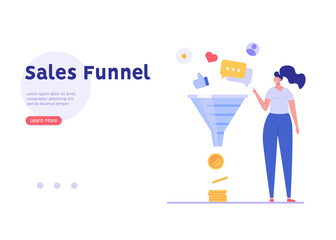 Marketing manager earning money and generating leads. Increasing rates with sales funnel. Concept of monetization, earn money online, lead generation. Vector illustration in flat for web UI design