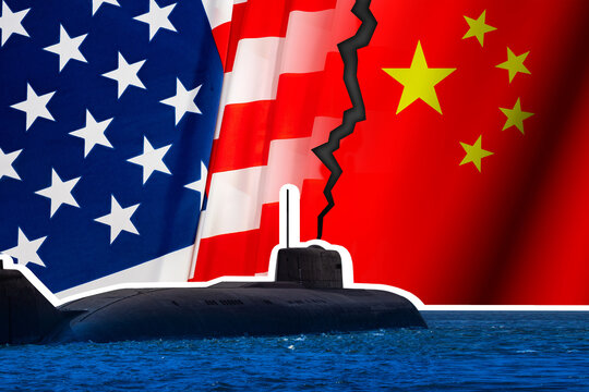 Confrontation Between USA And China. Submarine Over Sea. Chinese And American Flags. Military Confrontation At Sea. USA Is Military Threat To China. American Threat In Ocean. 3d Rendering.