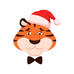 Cartoon unhappy striped tiger in Santa hat head isolated on white background. Cute funny sad wild cat face. New Year 2022 Chinese symbol. Holiday upset animal character vector illustration.