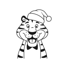 Black and white line talking happy tiger in Santa hat portrait isolated on white background. Cute adorable wild cat. Coloring page for children. Holiday outline striped character vector illustration.