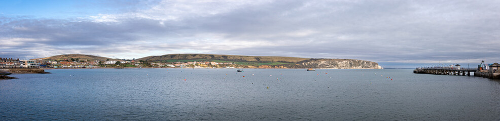 Fototapeta na wymiar Panorama of Swanage Bay and Pier in Swanage, Dorset, UK on 13 November 2021