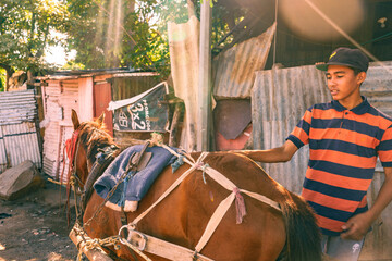 Hispanic poor boy preparing his horse used for product transportation.