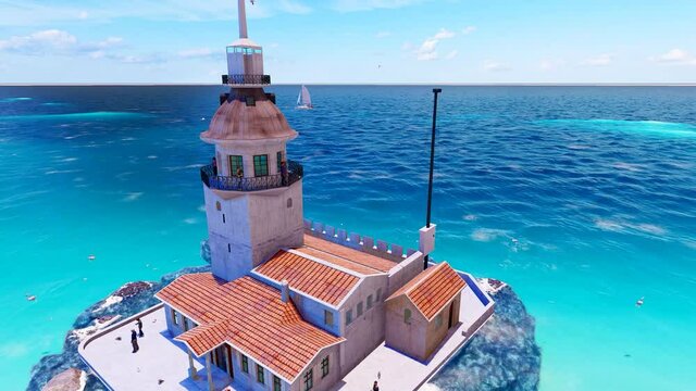 View of the Maiden's Tower or Leander's Tower also known as Kız Kulesi. Sunny summer day in Istanbul. Panorama of Bosporus, Turkey. 3D Animation.
