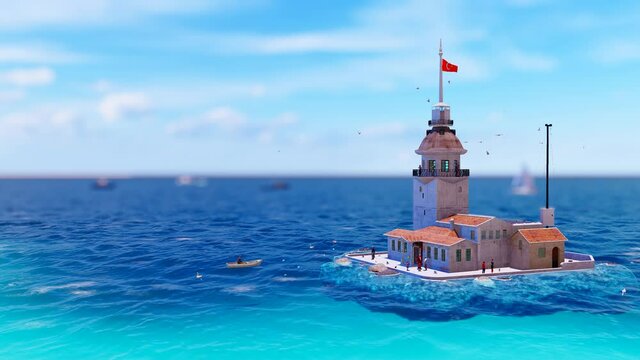 View of the Maiden's Tower or Leander's Tower also known as Kız Kulesi. Sunny summer day in Istanbul. Panorama of Bosporus, Turkey. 3D Animation.