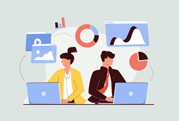 Data scientists, software engineer, statistician, programmers, visualizer and analyst working on a project. Big Data.