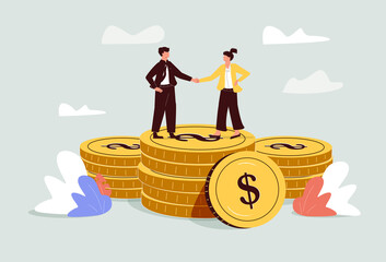 Salary negotiation, pay raise discussion or wages and benefit agreement, business deal or merger and acquisition concept - obrazy, fototapety, plakaty