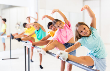 Portrait of happy preteen girl warming up near ballet bar during group class in dance school.
