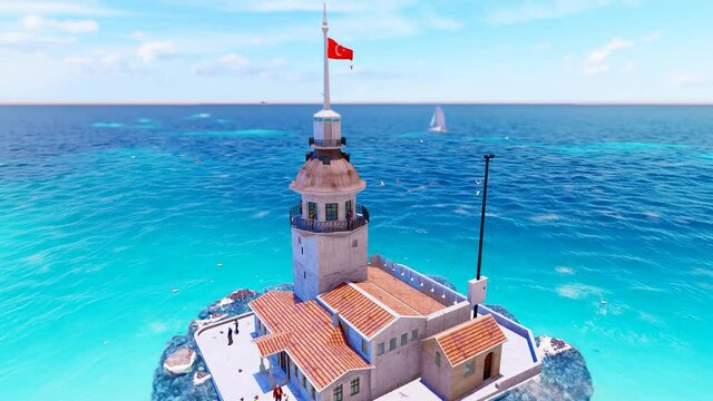 View of the Maiden's Tower or Leander's Tower also known as Kız Kulesi. Sunny summer day in Istanbul. Panorama of Bosporus, Turkey. 3D Animation.
