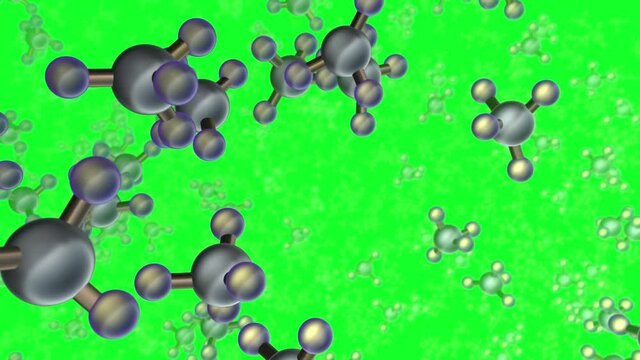 [Green screen + Opaque] Covalent bond within methane gas molecules flying around. CH4 particles with carbon and hydrogen components