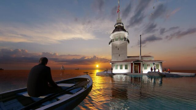View of the Maiden's Tower or Leander's Tower also known as Kız Kulesi. Sunset sky, Sunny summer  day in Istanbul. Panorama of Bosporus, Turkey. 3D Animation.